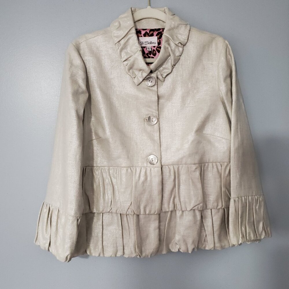 3 Sisters Metallic Quarter Sleeve Jacket Ruffled Collar Size L